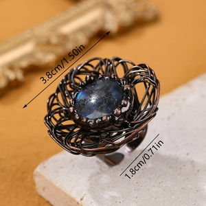Adjustable vintage bronze nest ring with natural blue labradorite floral gemstone design