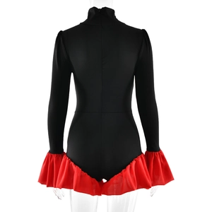 Rear view of black turtleneck bodysuit with vibrant red chiffon ruffle sleeve details