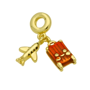 Fashion travel theme charms with gold airplane and orange enamel suitcase for charm bracelet