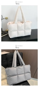 Quilted down tote bag color display showing white and grey padded nylon shoulder bags