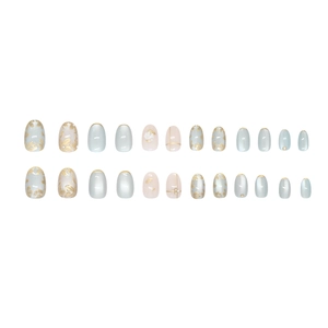 French style 24pcs press-on nails with 3D gold flowers, pearls and light blue cat-eye finish