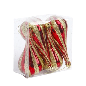 Set of 4 red and gold striped teardrop Christmas ornaments for tree hanging decoration