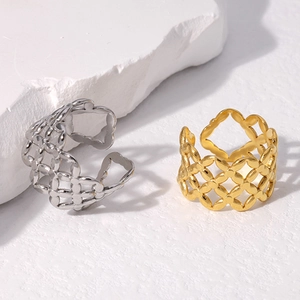 Hollow geometric stainless steel open rings in gold and silver finish, 2pcs set