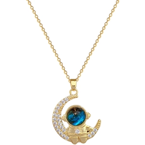 Luxurious gold titanium steel necklace with astronaut and sparkling moon pendant