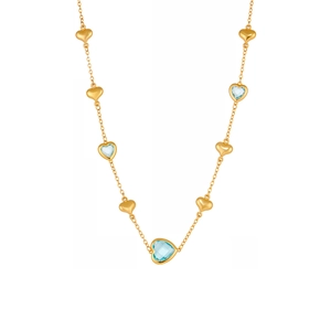18k gold plated heart necklace with faceted blue glass stones on a delicate chain