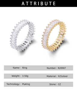 Detailed specs for 925 silver rings with channel-set rectangular CZ stones and plating