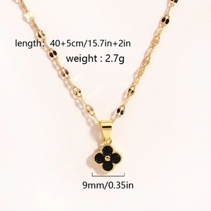 Collana a quadrifoglio in acciaio al titanio dorato con ciondolo nero, lunghezza 40+5 cm