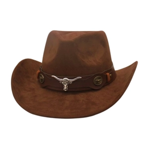 Detailed view of brown suede western cowboy hat with silver bull head ornament
