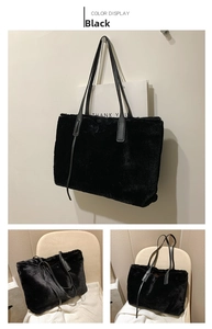 Detailed views of a large black faux fur tote bag with long leather shoulder straps