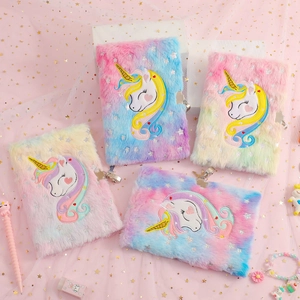 Plush Unicorn Notebook With Lock And Key Rainbow Faux Fur Diary For Girls Stationery Gift Star Sequin Embroidery