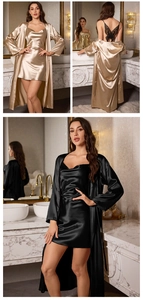 Détail de l'ensemble pyjama en satin avec broderie dentelle au dos et col bénitier élégant