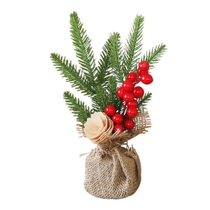 Mini albero di Natale 25cm con aghi di pino bacche rosse e base in juta