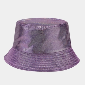 Detail of purple iridescent glitter PU leather bucket hat with shimmering laser texture