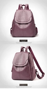 Vista detallada de la textura de cuero morado y las correas ajustables de la mochila
