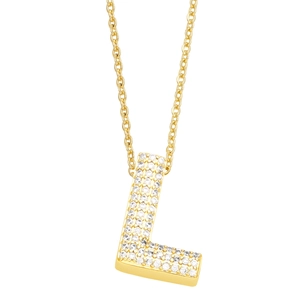 Macro shot of 18K gold letter L pendant featuring micro-pave cubic zirconia on an O-chain
