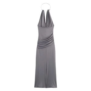 Elegant dark grey halter maxi dress with metallic collar and silky pleated waist detail
