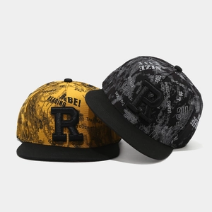 Streetwear flat brim hip hop cap with 3D letter R embroidery and graffiti print