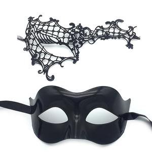Detail showing two black masquerade masks in lace and plastic for Halloween parties