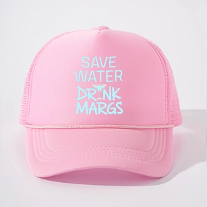 Pink foam trucker hat featuring SAVE WATER DRINK MARGS print with mesh back and braided rope
