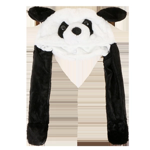Cute panda plush hat with moving ears and warm faux fur material in black and white