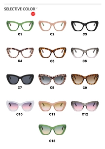 Selective color grid showing thirteen cat-eye glasses styles with multiple frame patterns