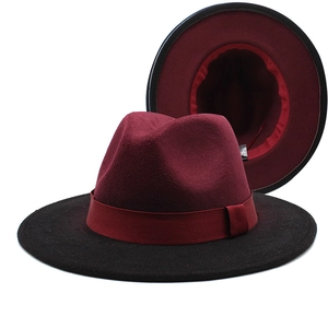 Classic two-tone wool fedora hat with burgundy crown, black wide brim, and decorative band