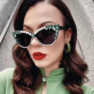 Fashion cat eye sunglasses with olive green rhinestones and dark lenses for women