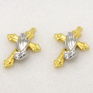 Religious cross and praying hands pendant in gold and silver dual-tone finish