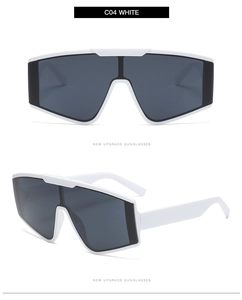 Vertical view of white oversized shield sunglasses with dark grey lenses in C04 finish