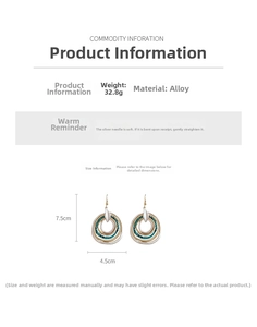 Detail view of ethnic triple layered round earrings with size and weight specifications