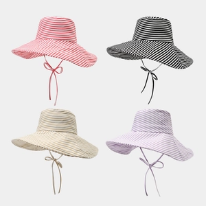 Wide brim striped sun hats for women with stylish chin straps in four various colors
