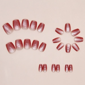 Burgundy gradient cat eye press-on nails with shimmering finish in square-round shape