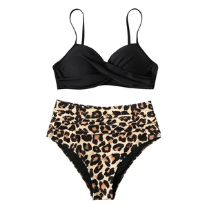 Two-piece bikini set with a black twisted top and high-waisted leopard print bottoms