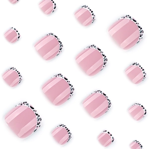 Faux ongles d'orteils français roses avec motif léopard, kit de tailles différentes