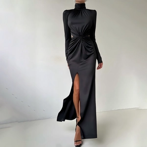 Women Sexy High Neck Long Sleeve Maxi Dress Cutout Waist High Slit Bodycon Backless Party Evening Dress Black Polyester Spandex