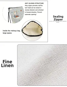 Detail of bunny cloud cosmetic bag showing anti-slip alloy zipper and inner linen texture