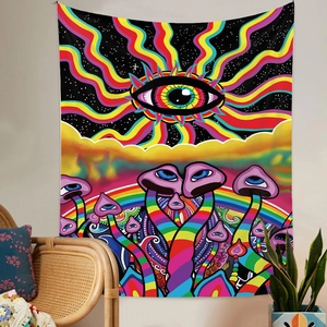 Detail of a vibrant psychedelic tapestry featuring mystic eye and colorful mushrooms