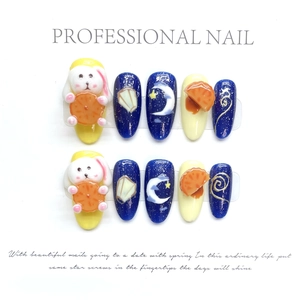 Handmade press-on nails with 3D bunny and moon patterns for Mid-Autumn festival