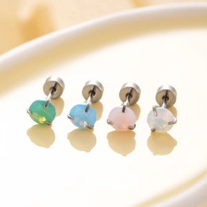 Three-claw titanium steel opal stud earrings in mint green, blue, pink, and white