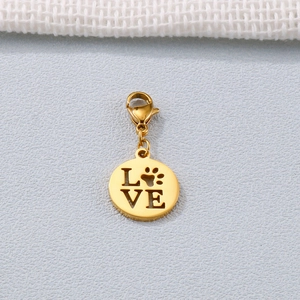 Polished gold stainless steel LOVE heart paw charm pendant with secure lobster clasp