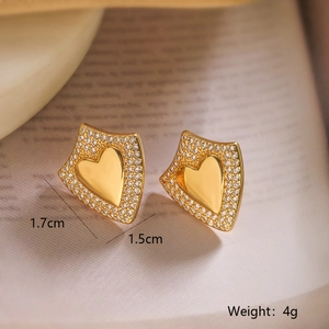 Luxury 18K gold plated heart earrings with pavé zircons and geometric frame design