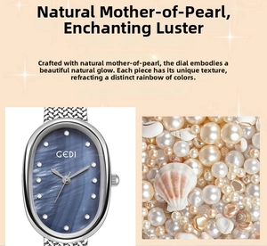 Macro detail of oval watch with blue mother-of-pearl dial and woven metal strap