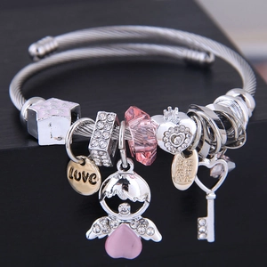 Bracciale Con Ciondoli In Filo D'Acciaio Regolabile Con Pendenti Angelo Cuore Chiave Gioielli Con Strass Per Donne