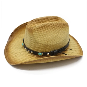 Straw cowboy hat in light brown weave with a black leather band and turquoise studs