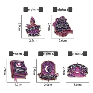 Detail view of purple magical enamel pins with weight and size specifications