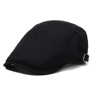 Men's black mesh flat cap with breathable fabric and side adjustable metal buckle