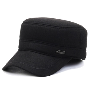 Casquette militaire plate d'hiver pour homme en tissu texturé noir avec badge sport