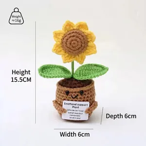 Handmade crochet sunflower potted doll with smiling face and motivational card