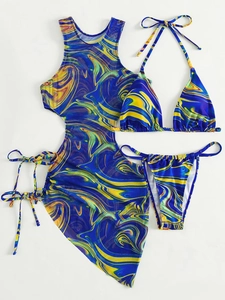 Flat lay of 3-piece marble print bikini set with halter top and mesh beach cover-up