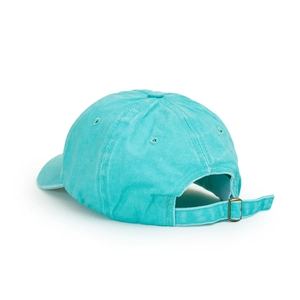 Detail view of the washed cotton baseball cap featuring an adjustable metal buckle strap